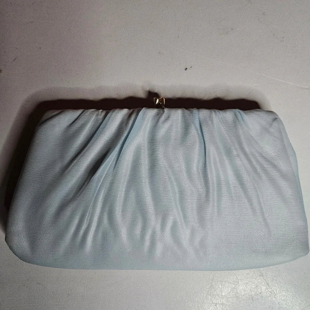 Vintage HL USA Light Blue Chiffon Ruched Clutch Evening Bag Gold Tone Kiss Lock